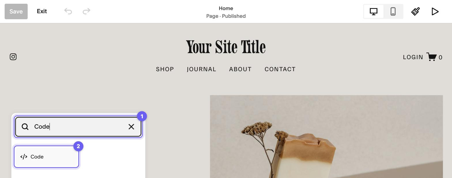 El menú de bloques de Squarespace con Code en el buscador y el bloque Code encontrado