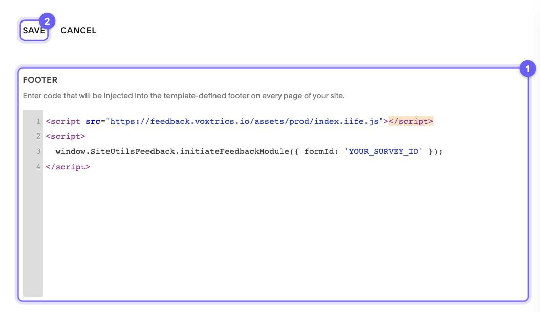 Code Injection de Squarespace con el código de la encuesta pegado en el campo Footer y el botón Save