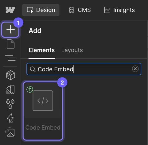 Панель Add у Designer Webflow зі знайденим елементом Code Embed