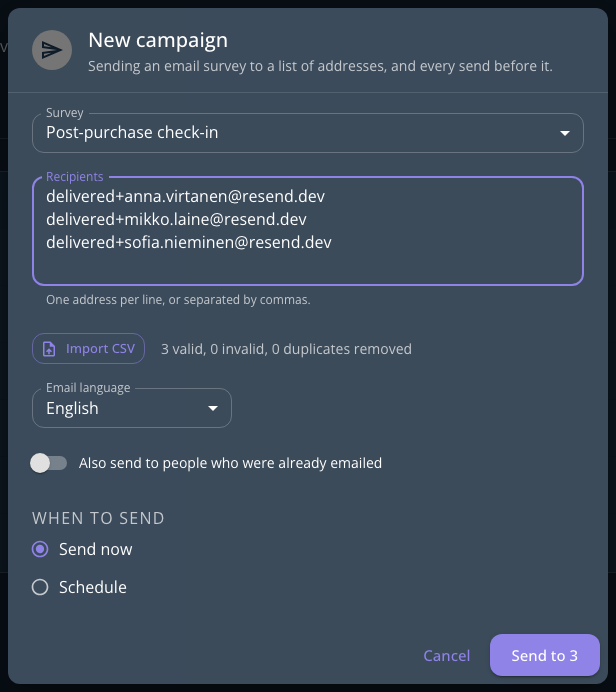 The New campaign dialog: the survey picker, a recipients field with three addresses, the email language, the resend switch and the send time