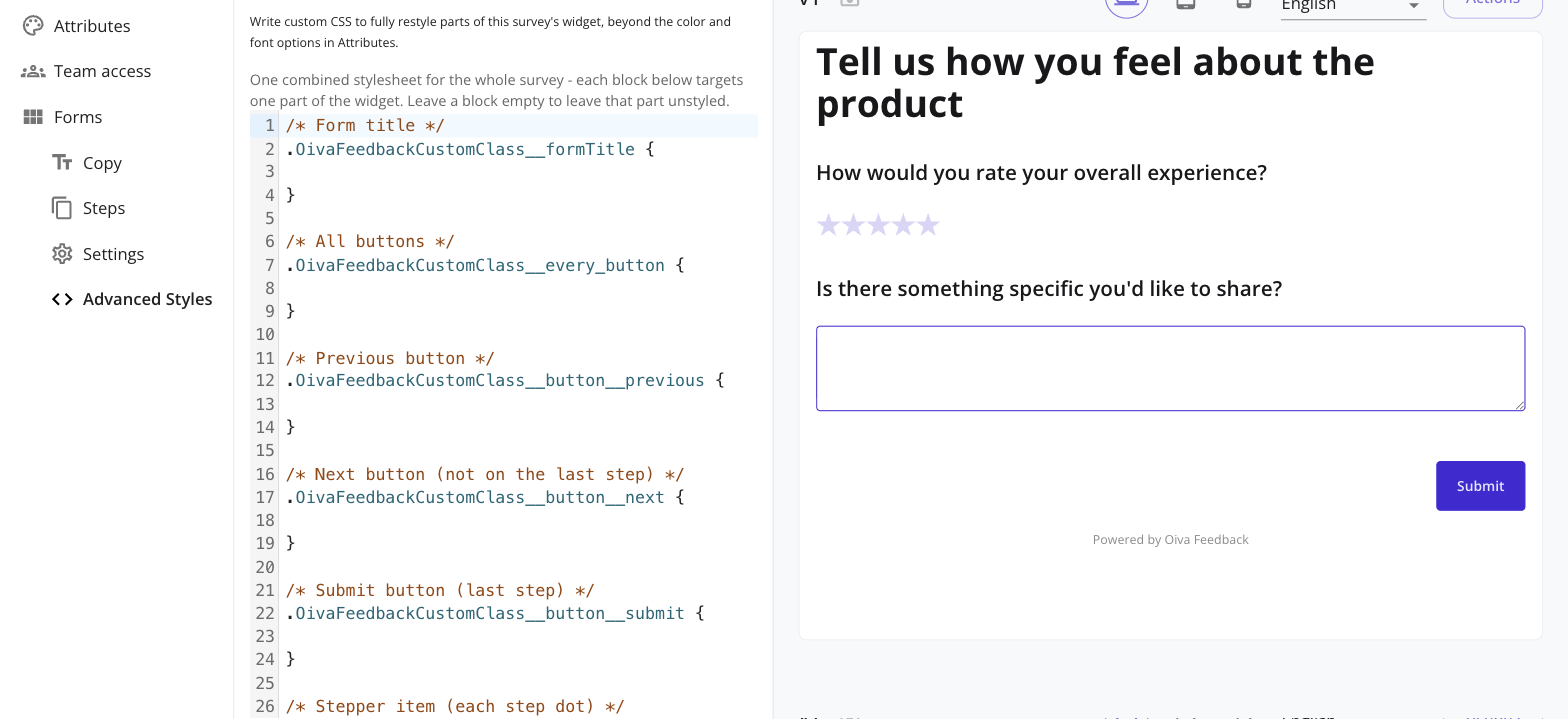 The Advanced Styles editor next to the live survey preview, mid-edit
