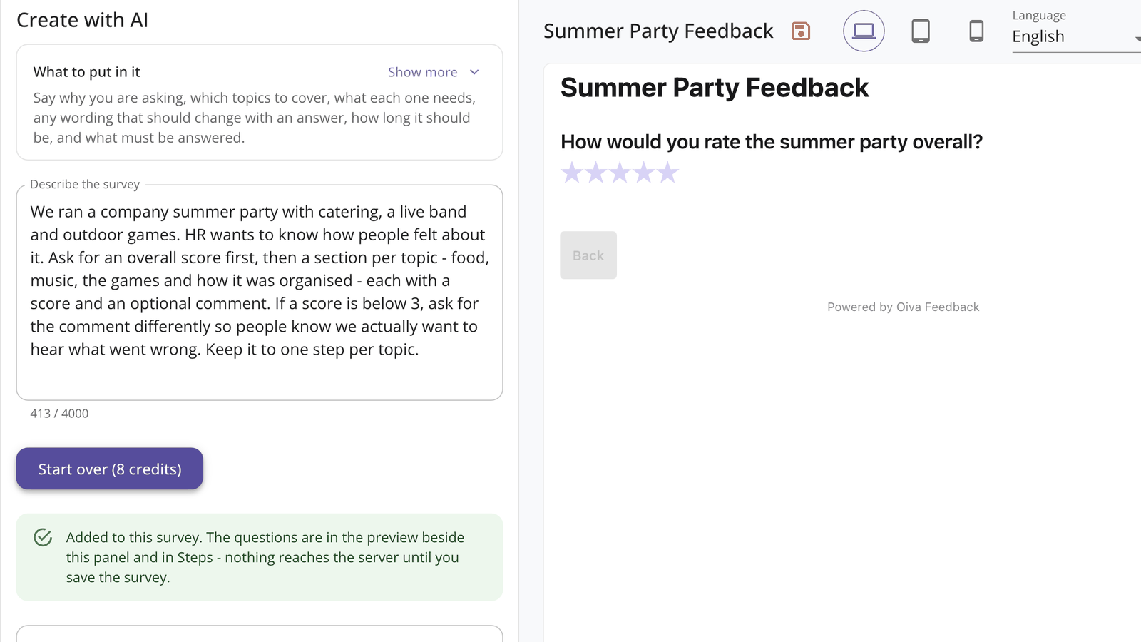 The survey editor after a generation: the description on the left, a confirmation that the questions were added, and the finished survey - named Summer Party Feedback, opening with an overall rating question - in the live preview on the right