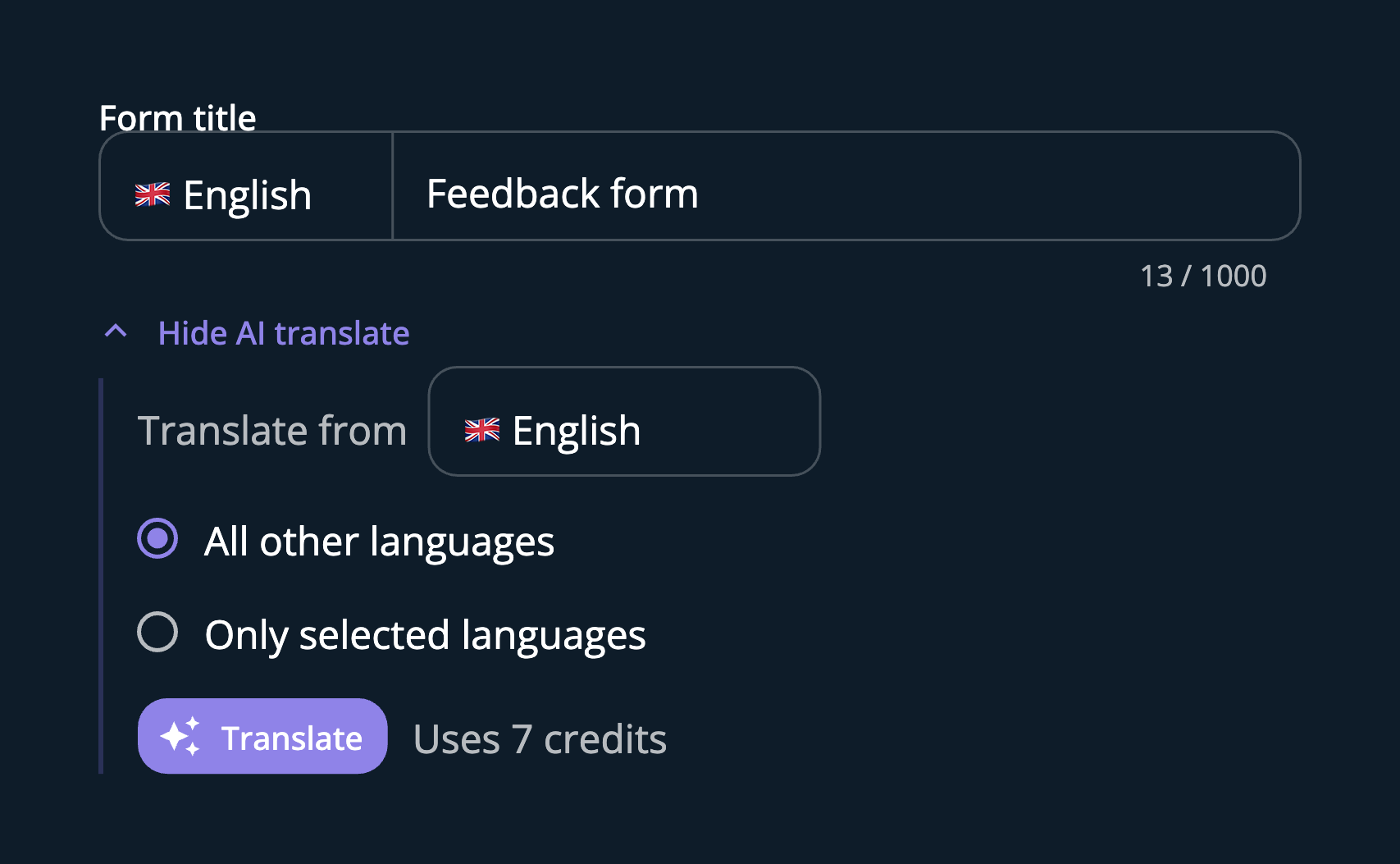 The AI translate panel open under a survey copy field, showing the source language, the choice between all languages and selected ones, and what the translation will cost in credits