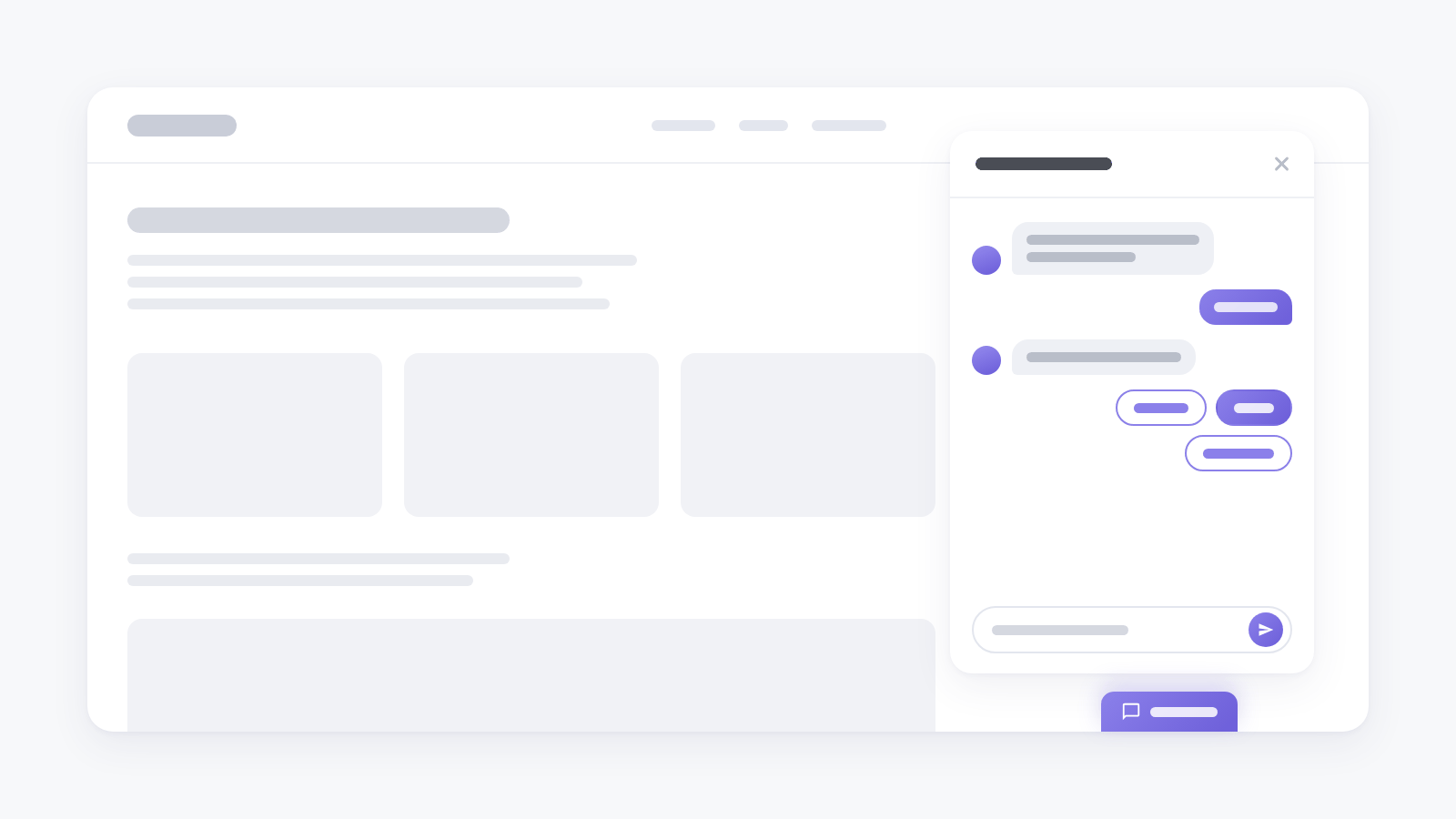 A website page with a chat card in its corner: a question bubble from the survey, the visitor's reply, another question with answer chips, a composer line, and the trigger tab below