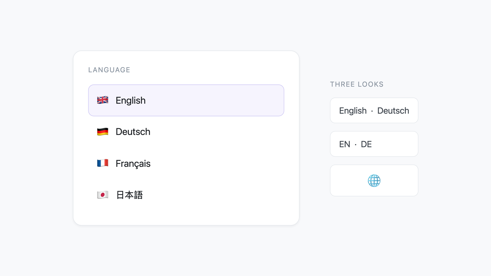 A language list with English selected, next to the three looks the picker can take: full names, short codes, or a globe icon