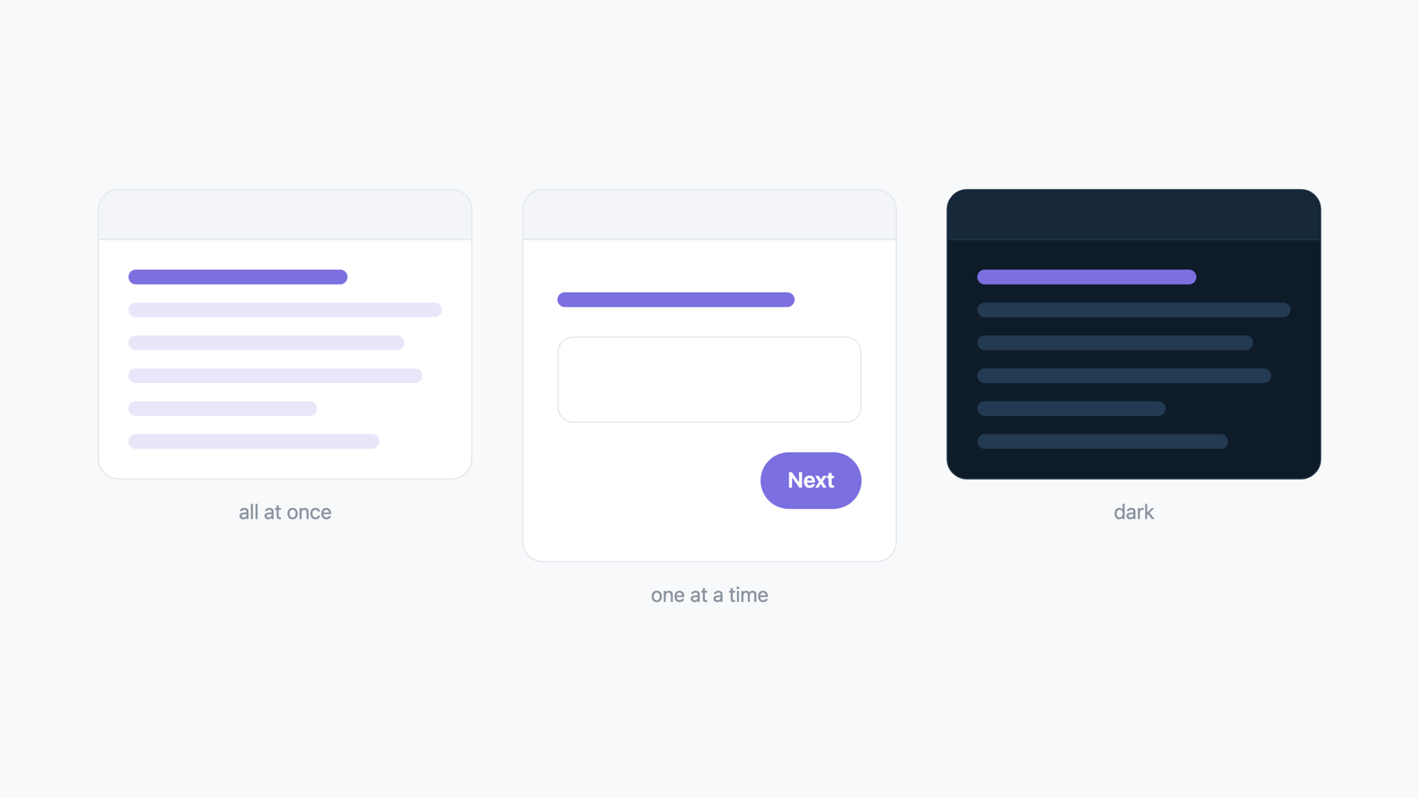 Three versions of the same on-site survey side by side: all questions at once, one question at a time, and a dark theme
