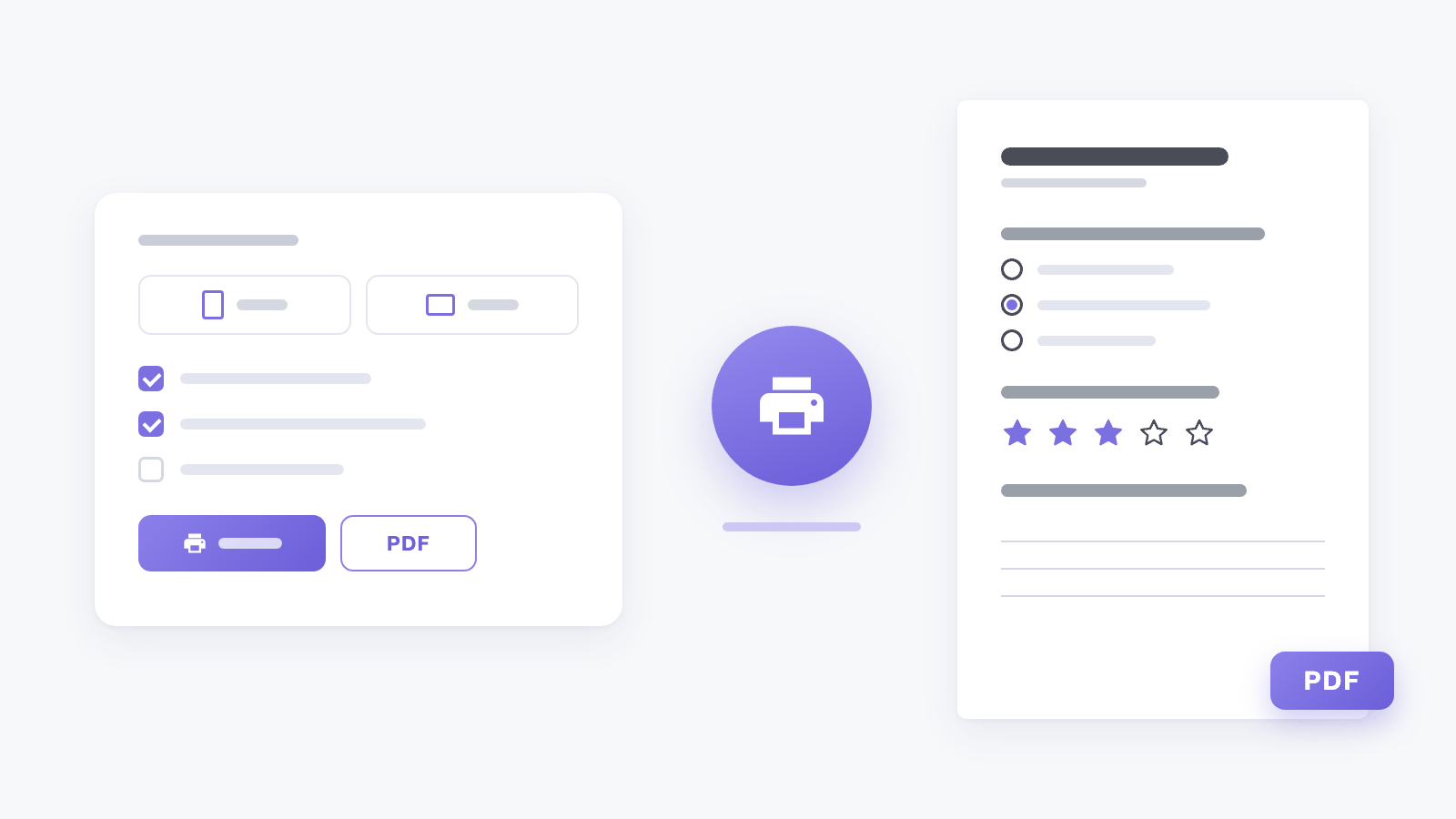 A print dialog with paper, orientation and content options, a printer icon in the middle, and a printed questionnaire page with answer circles, stars and writing lines, marked PDF