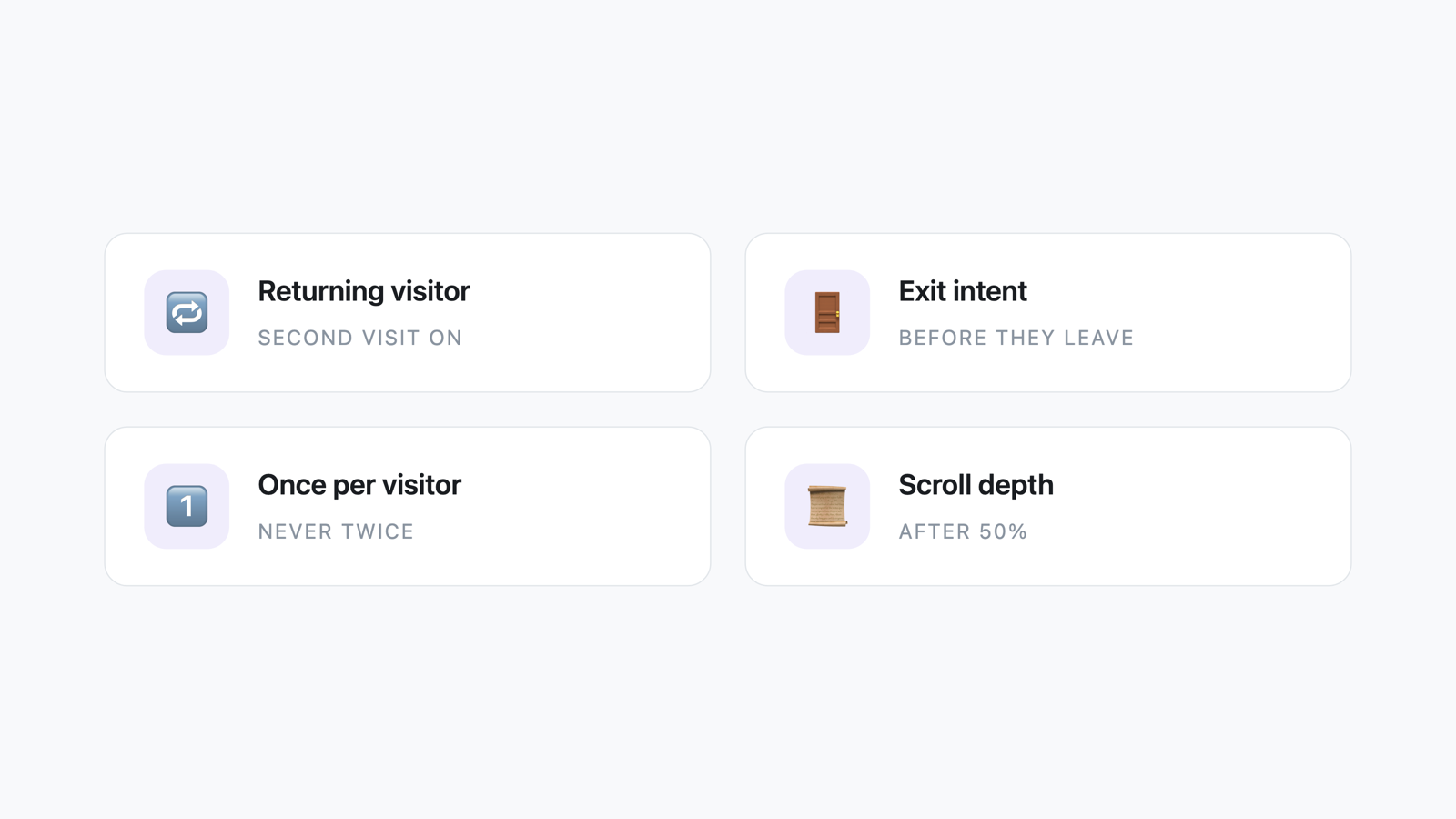 Four trigger tiles: returning visitor, exit intent, once per visitor, and scroll depth