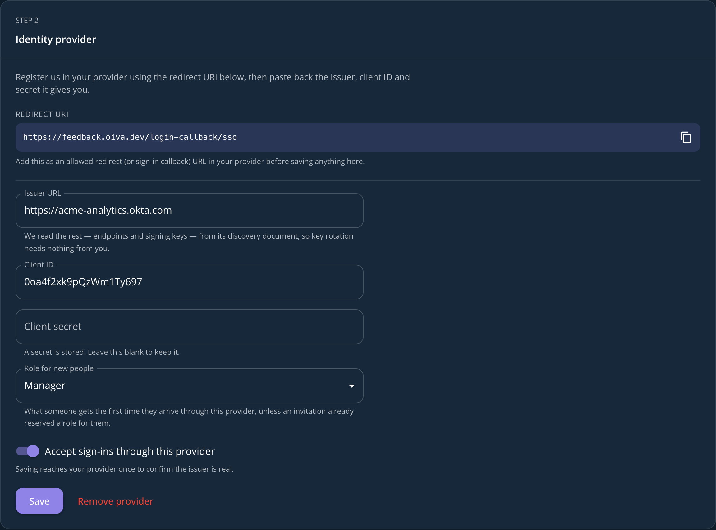 The identity provider step showing the redirect URI, issuer URL, client ID, client secret and the role given to new people