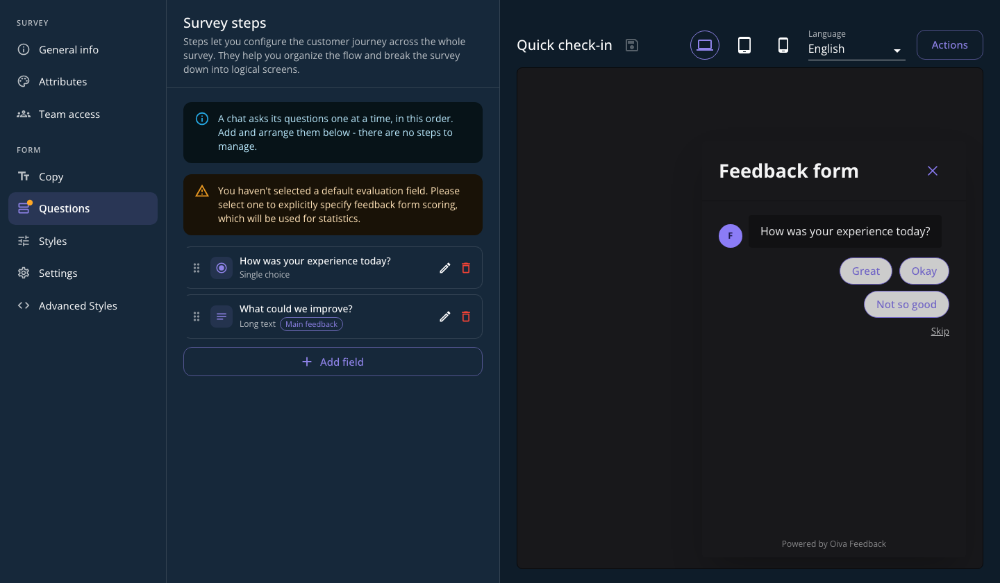 The chat survey editor: the Questions list on the left and a live preview of the chat card on the right