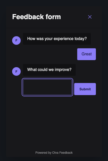 An open chat card: the first question answered with a chip, the second waiting for a text answer in the composer