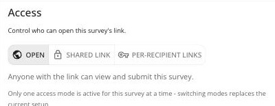 The Access tab showing the three access mode options: Open, Shared link, Per-recipient links