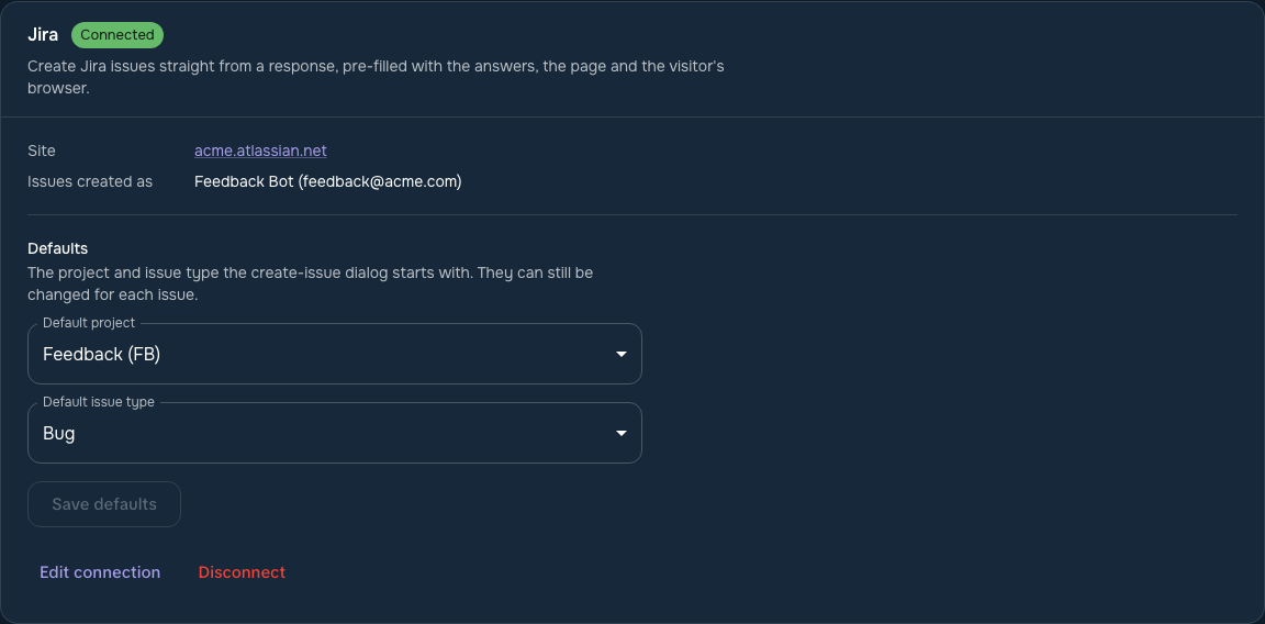 Карточка Jira на странице интеграций в подключённом состоянии: сайт, аккаунт, от имени которого создаются задачи, проект и тип задачи по умолчанию
