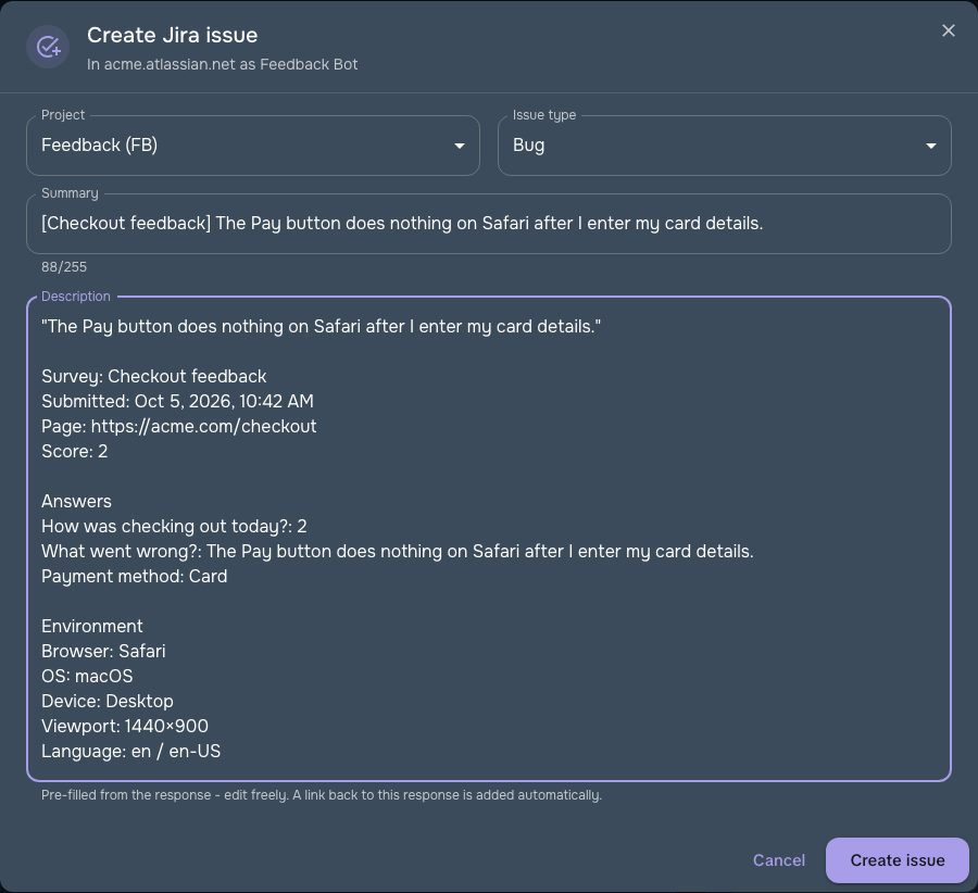 Диалог Create Jira issue: проект, тип задачи, заполненные заголовок и описание и галочка снимка страницы